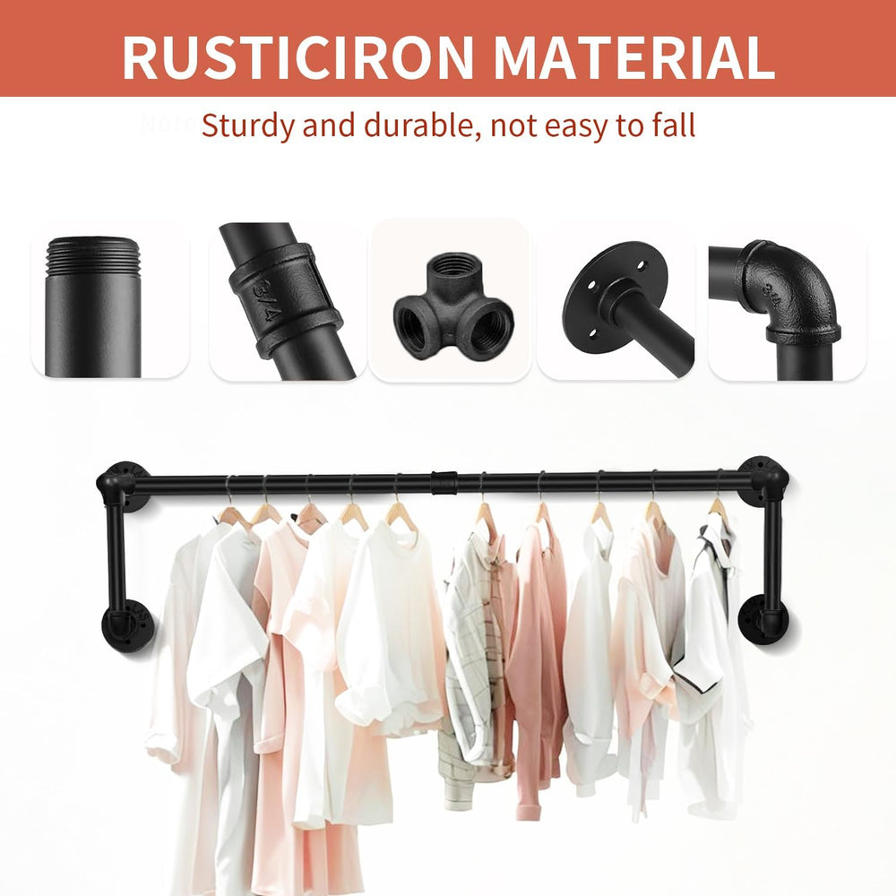 Industrial Pipe Clothing Rack,Heavy Duty Wall Mounted Black Iron Garment Bar,...