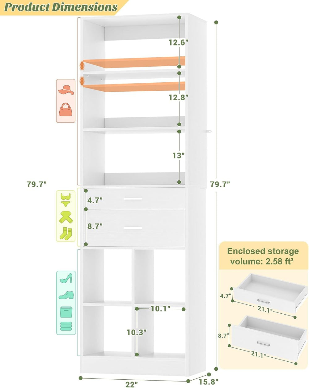 Besiost 22" Closet System with Drawers, Small Closet Organizer for Walk ...