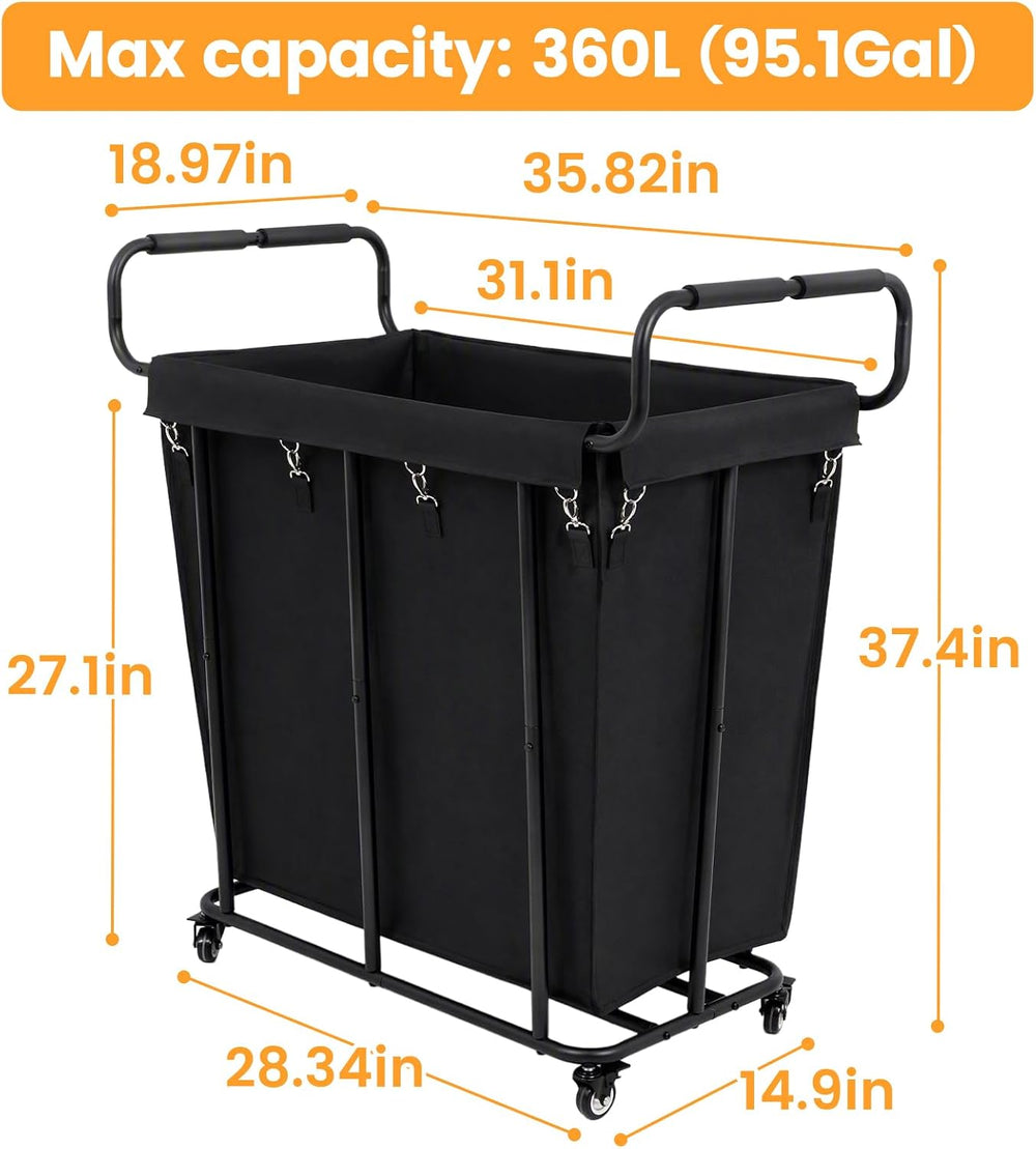 360L Laundry Hamper Cart with Wheels, Large Detachable Clothes Basket 