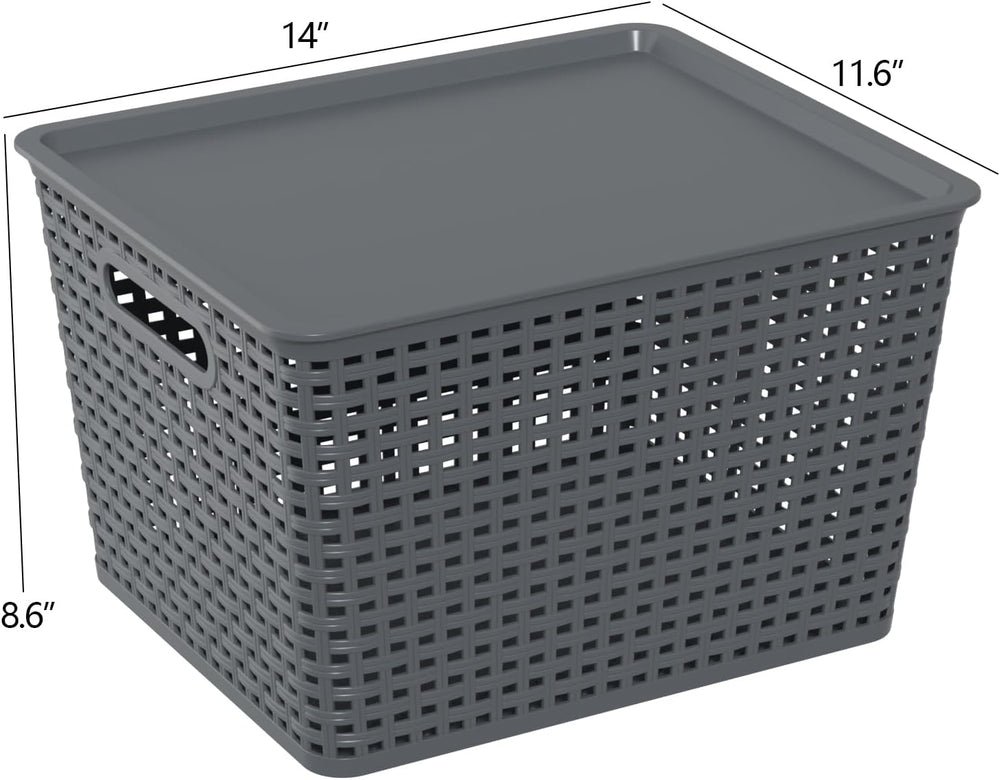 6 Packs Large Plastic Storage Basket Bin with Lid, Tall