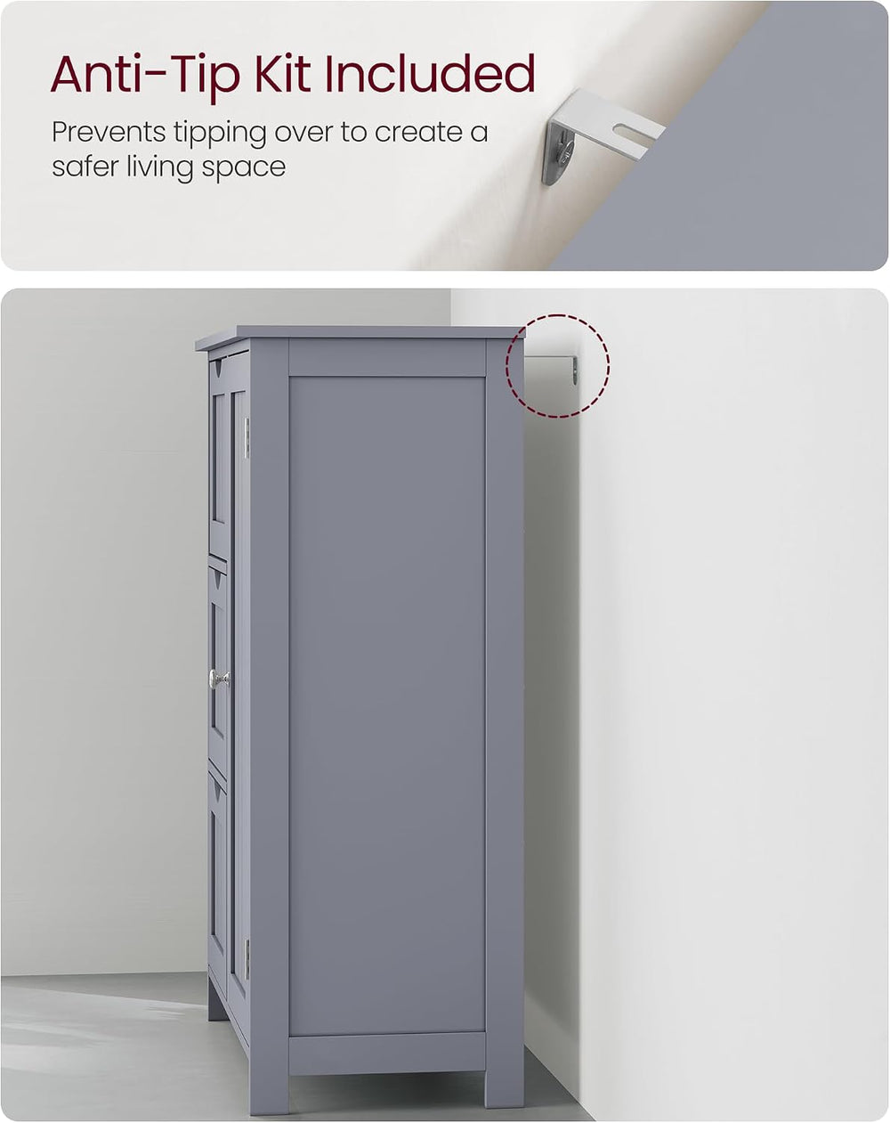 VASAGLE Bathroom Floor Storage Cabinet, 3 Drawers, Dove Gray