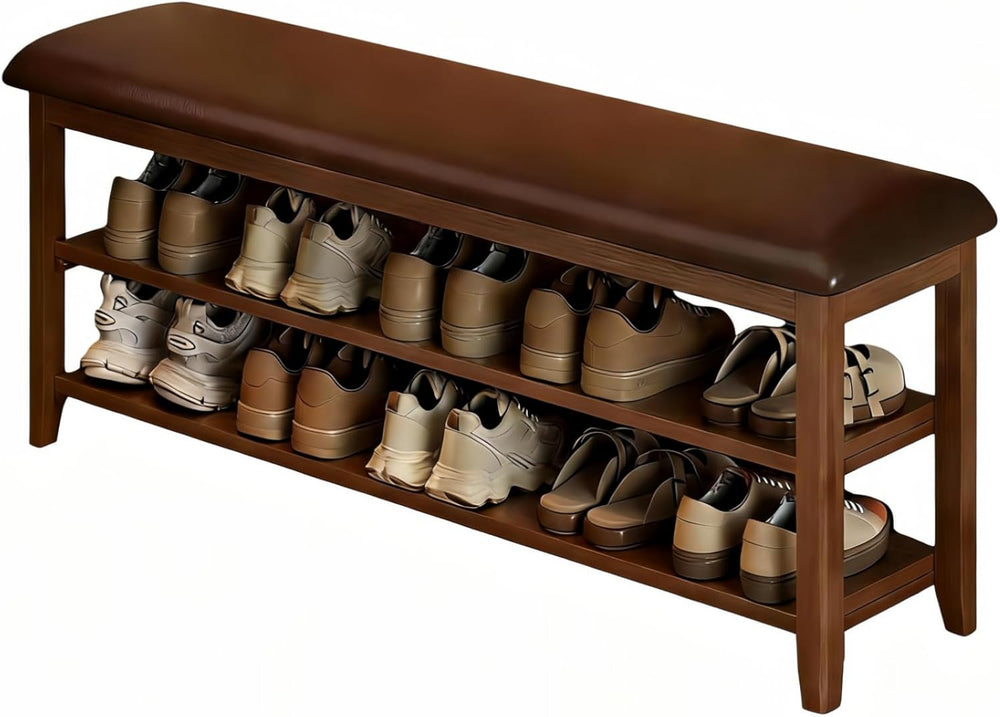 Wooden Shoe Storage Bench with Leather Cushion, Dark Brown, 39.4"