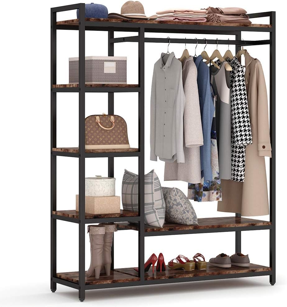 LITTLE TREE Free Standing Wood Closet Clothes Rack,Heavy Duty Grament Rack wi...