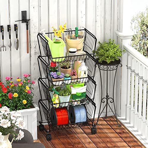 PUSDON 4-Tier Spacious Stackable Wire Storage Baskets with Wheels, Metal Roll...