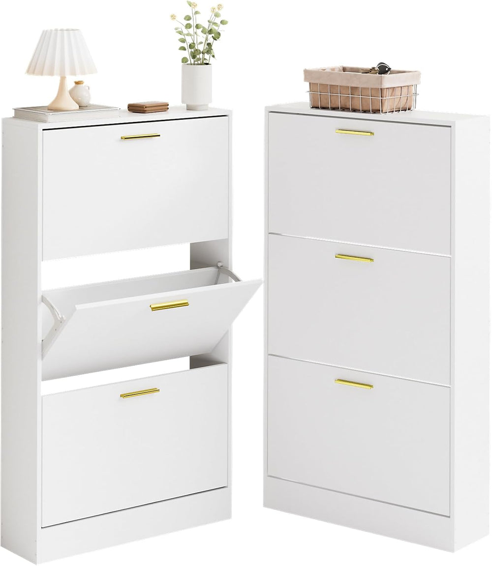 LYNSOM Modern Entryway Shoe Cabinet with 3 Flip Drawers and Top Display, Whit...