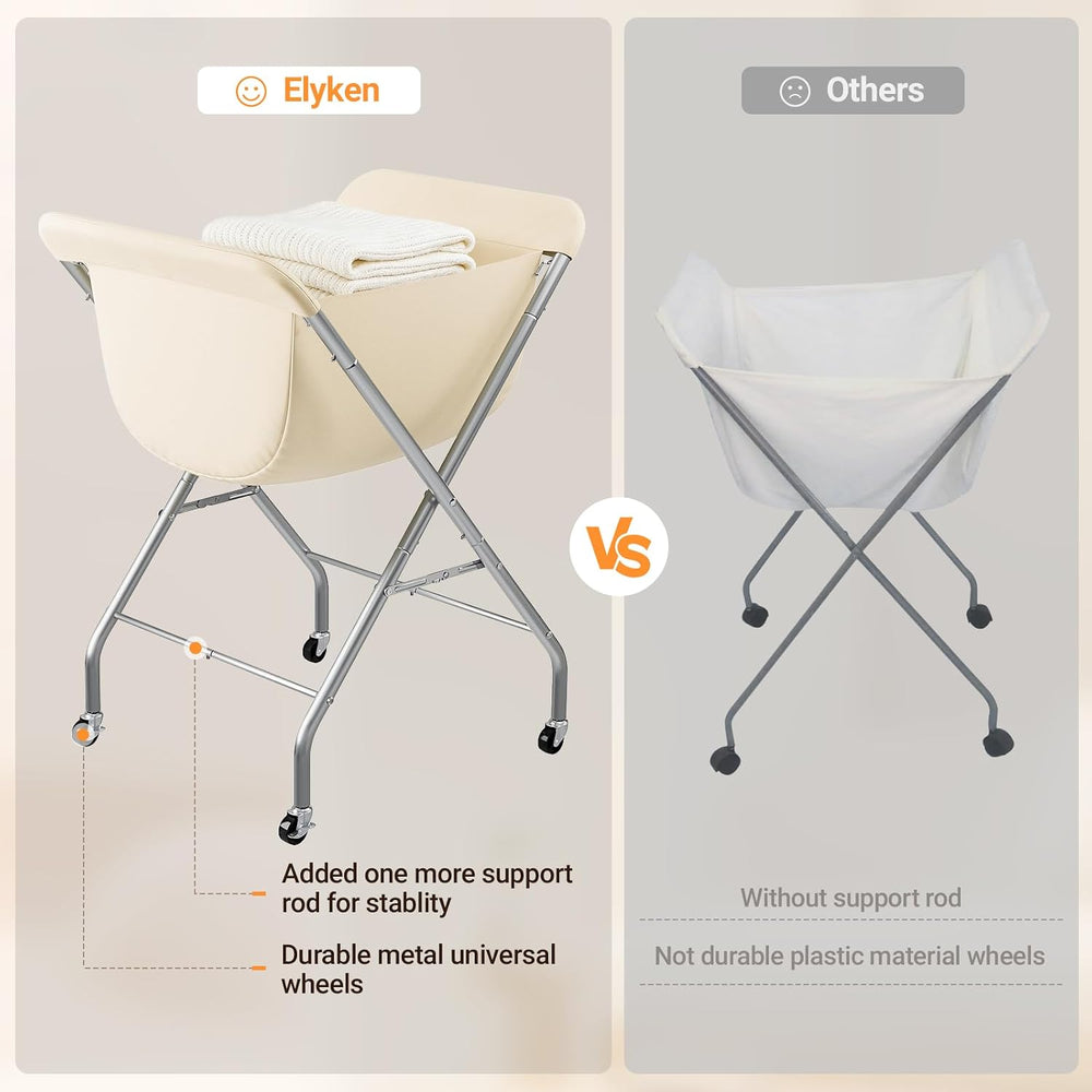 ELYKEN Laundry Basket with Wheels, Collapsible Laundry Hamper, Cream