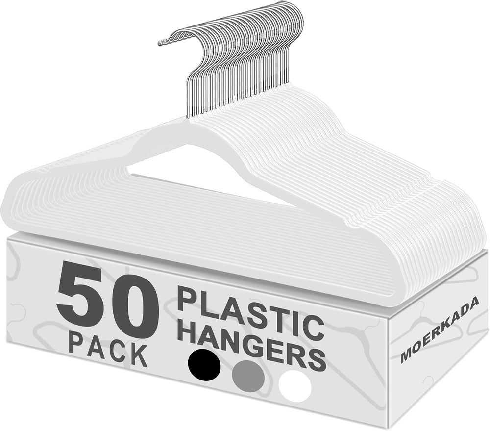 50 Pack Slim Plastic Clothes Hangers,White