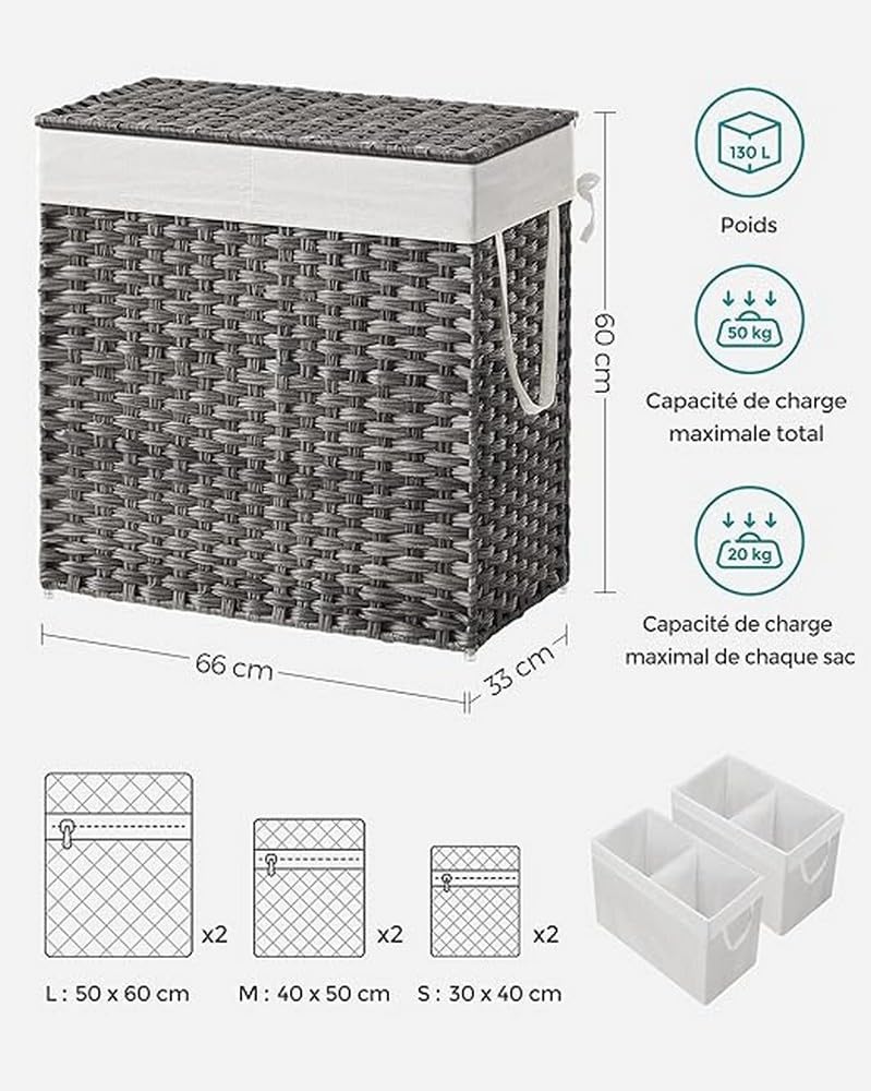 SONGMICS Laundry Basket with Lid, 130L Washing Basket 2 Compartments, Removab...