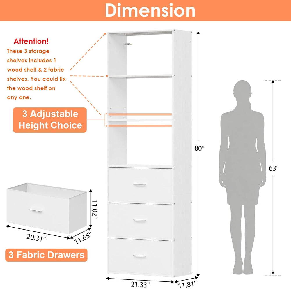21.3" Wide Tall Wood Closet Organizer System with 3 Fabric Drawers