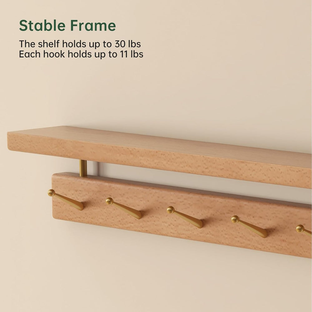Solid Wood Wall Hooks with Shelf, Coat Rack Wall Mount, Entryway Hanging Shel...