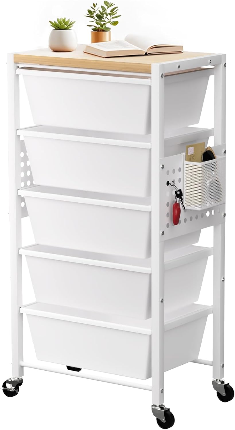 Rolling Cart with 5 Drawers, Plastic Drawer Storage Carts with Wheels & W...