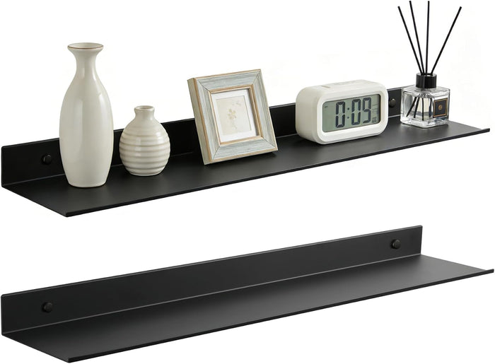 Z metnal Wall Shelf, Long Floating Shelves, Metal Hanging Shelf for Living Room Kitchen Storage Entry, Aluminum, Wall Mounted, Matt Black, 24 inch, Set of 2