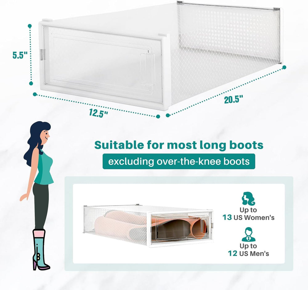 8-Piece Boot and Shoe Storage Box, Stackable Clear Plastic Shoe Box, Space-Sa...