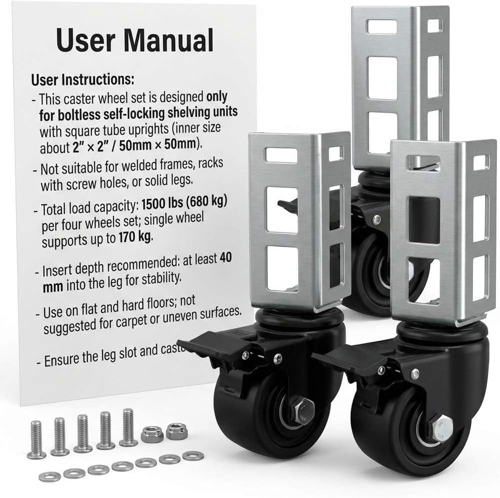 QWORK 3" PU Caster Wheels for 2"x2" Boltless Shelving Racks – ...