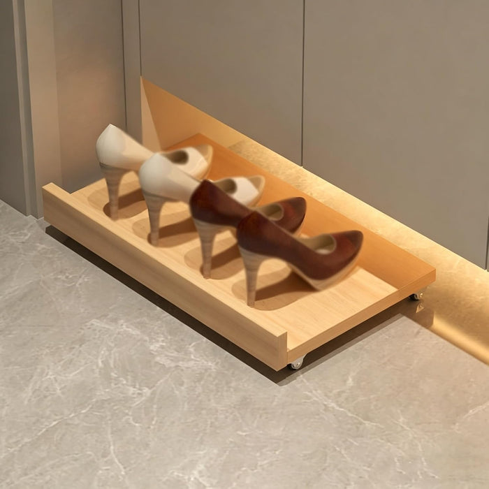 Solid Wood Pull Out Shoe Rack,40-80cm Length, Push-to-Open or Pull-Out, Sliding Tray for Entryway Closet, Toe Kick Drawer for Cabinet Bottom Gap ,Natural/Warm White/Walnut(Natural/Roller,23.62*11.8in)