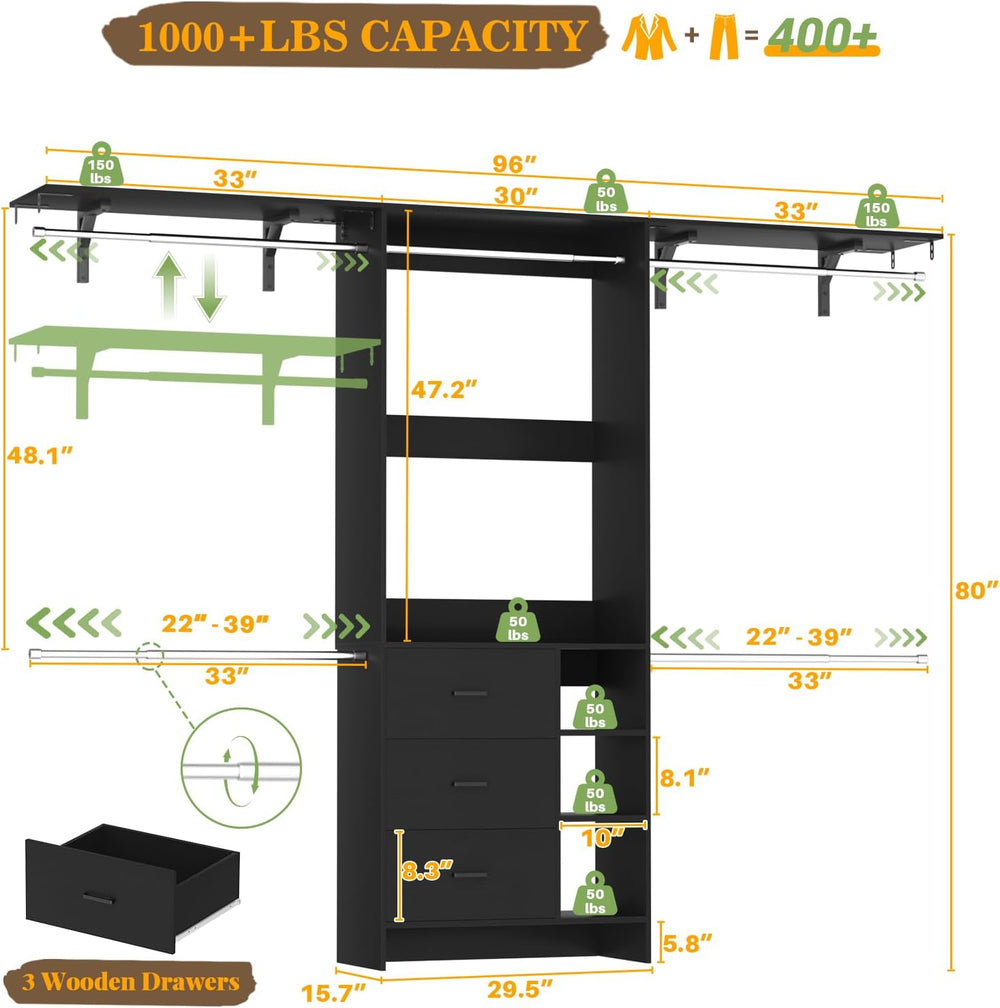 Aheaplus Closet System, Closet Organizer with 3 Wooden Drawers, 8FT Closet Or...