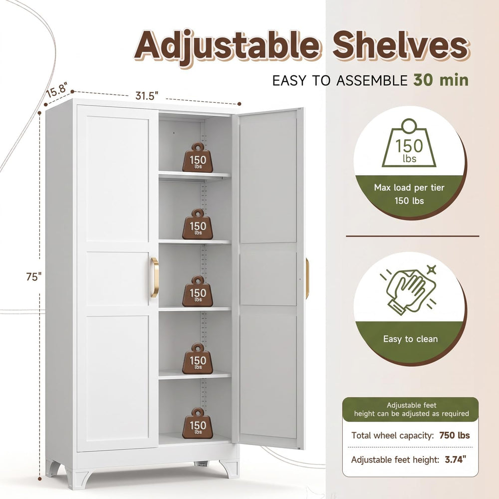 75" H Metal Storage Cabinet with 2 Doors and 4 Shelves,Tall Kitchen Pant...