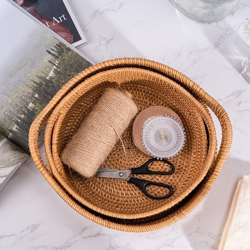 Rattan Storage Basket, Hand Woven Fruit Basket with Handles, Wicker Serving B...