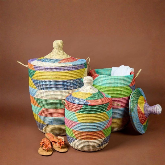 Decorative Colorful Hamper for Laundry, Handwoven in Senegal, Extra Large, 20" Wide, 26" Tall (3pcs (S/M/L))