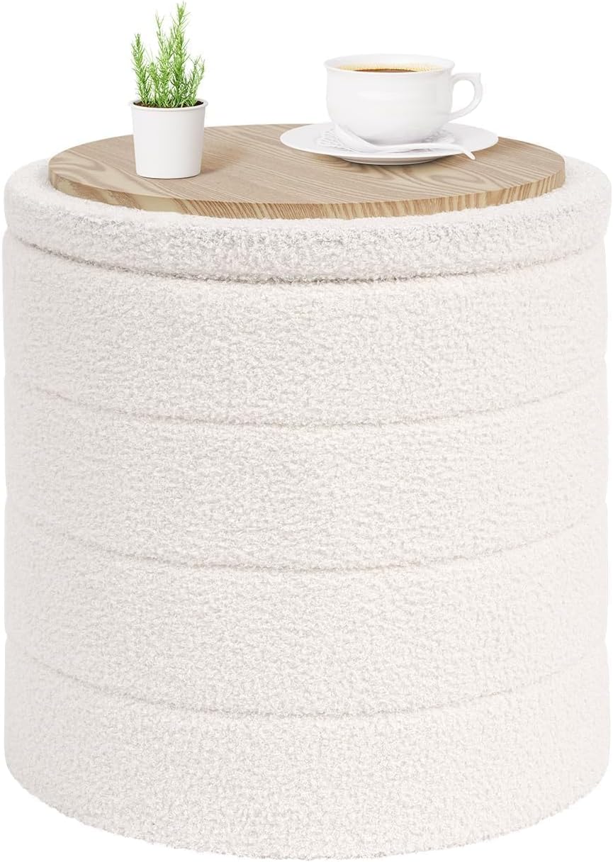 PINPLUS Round Storage Ottoman Foot Rest Stool with Tray Velvet Sherpa Folding...