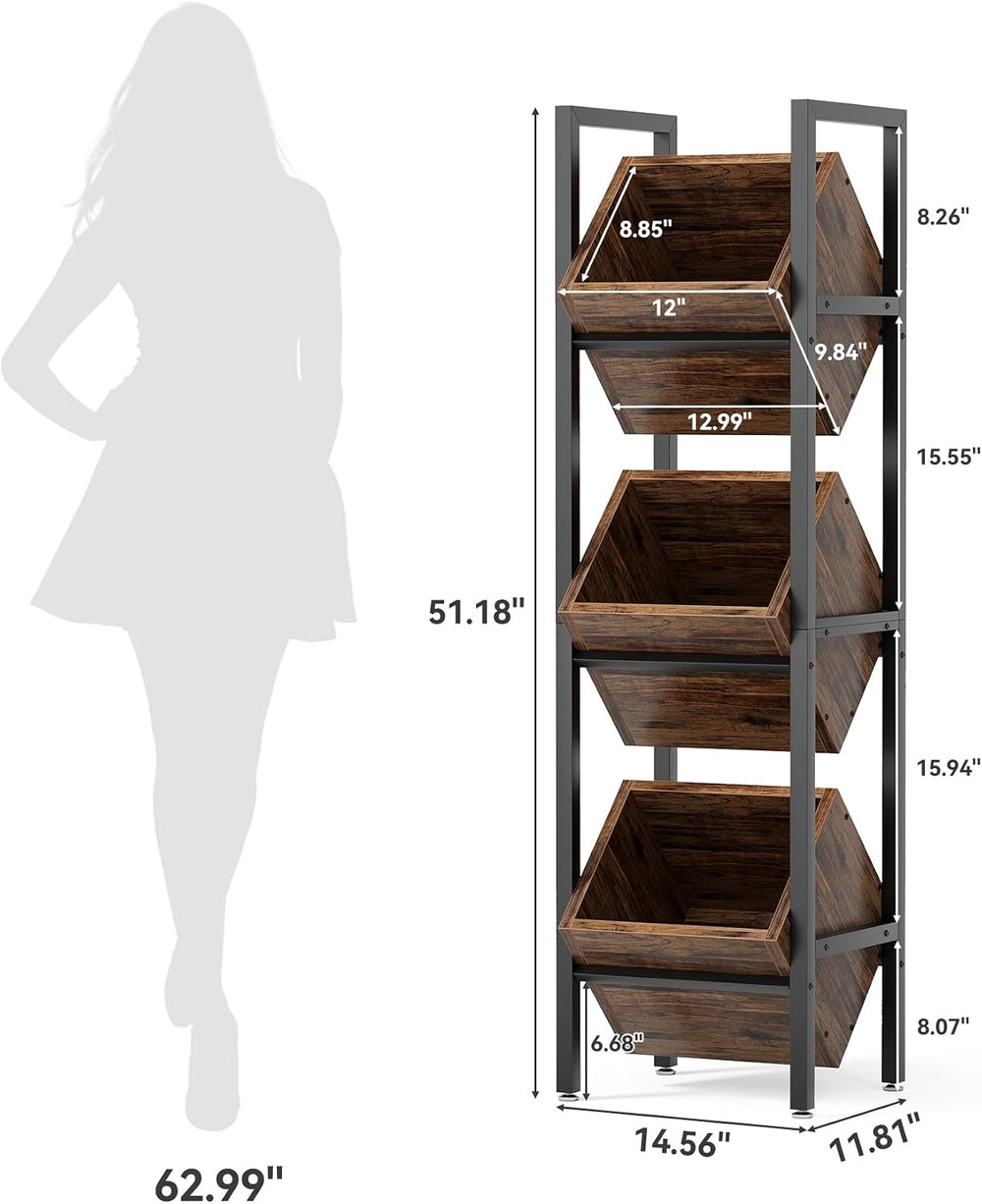 LITTLE TREE 3-Tier Basket Stand, Wooden Floor Stand Shelving Unit, Standing O...