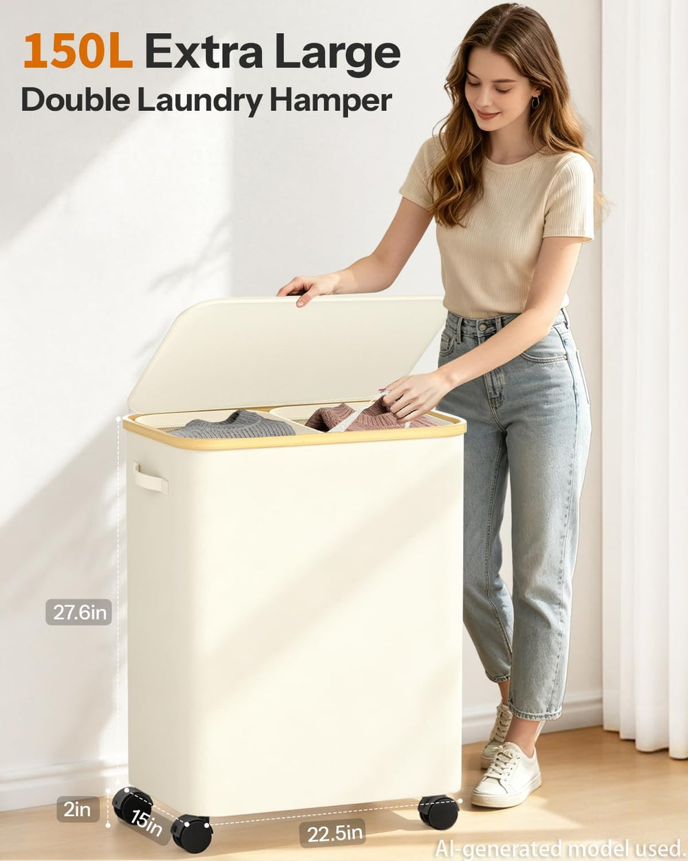 Double Laundry Basket with Wheels and Lid, 150L Clothes Hampers for Laundry