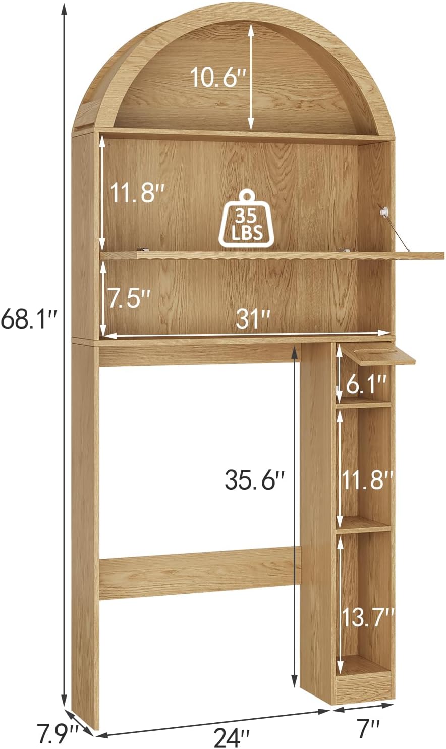 31" W Arched Over The Toilet Storage Cabinet, Fluted Doors, Natural
