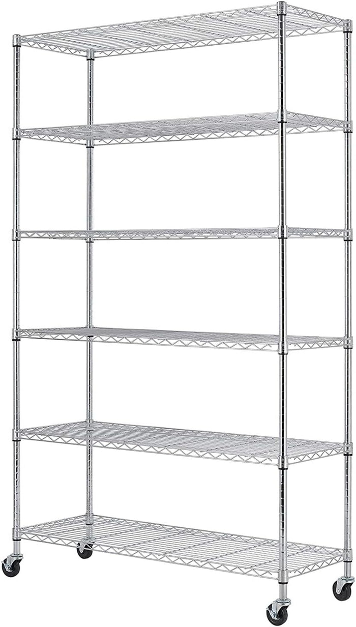 BestOffice | 6-Tier Wire Storage Shelves with Wheels | 18x45x82 | Chrome | Adjustable Racks | Heavy-Duty Metal Shelf, Holds Upto 2100 lbs | No-Tool Assembly | Ideal for Home & Garage Shelving