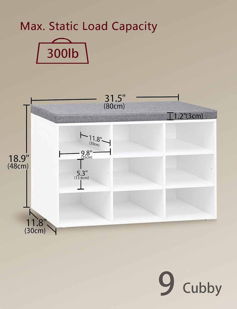 DINZI LVJ Shoe Storage Bench with Cushion, 31.5" Cubby Shoe Rack, 9 Cubbies