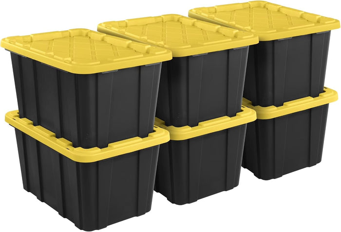 27 Gallon Durable Plastic Storage Tote with Snap-On Lid, Black and Yellow, Heavy-Duty, Secure-Grip Handles, 6 Pack