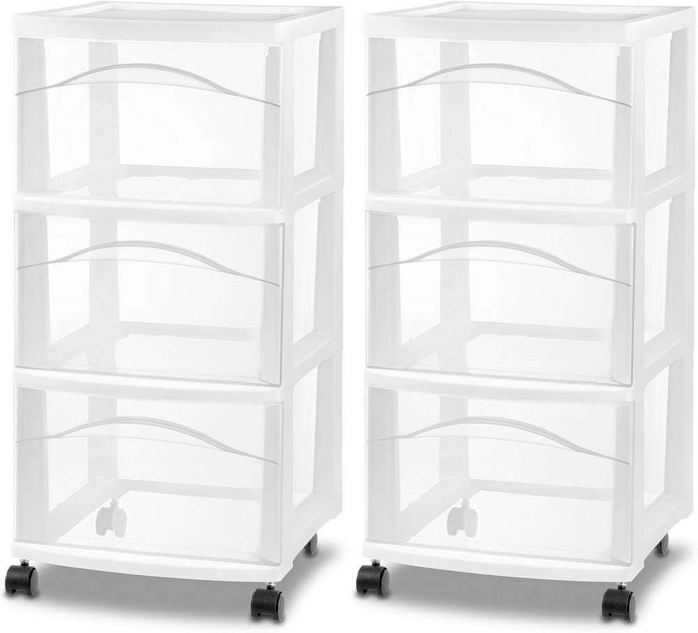 Sterilite 3-Drawer Cart with Wheels, White, 2-Pack
