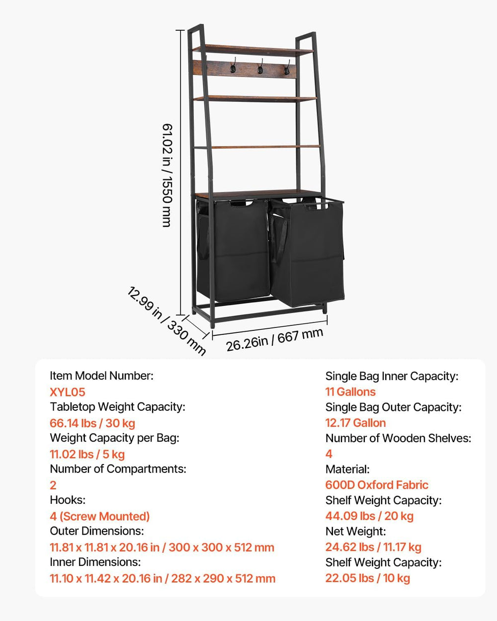 VEVOR 4 Tiers Laundry Sorter, Tall Laundry Hamper with Shelves and Hooks, 2 S...