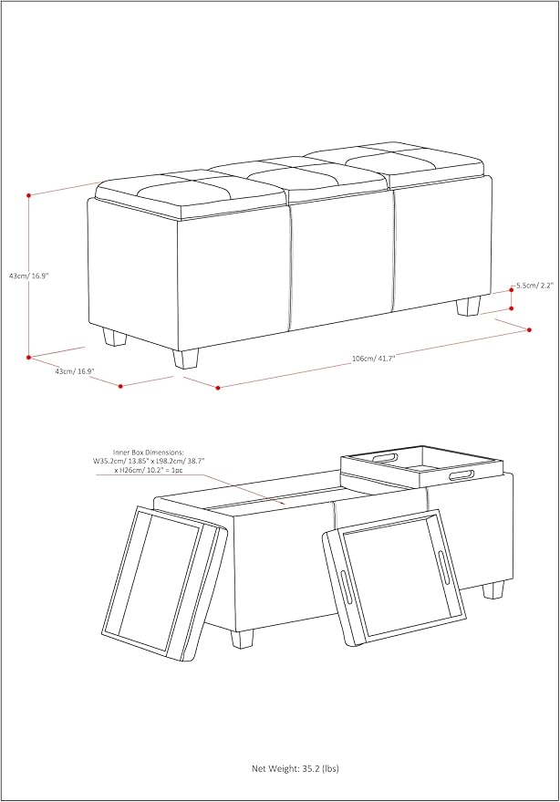 SIMPLIHOME Avalon 42 Inch Wide Contemporary Rectangle Storage Ottoman in Slate