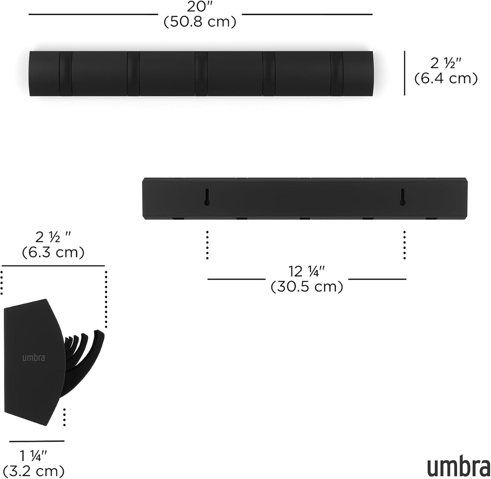 Umbra Flip Coat Rack, Wall Mounted 5-Hook Space Saving, Black/Black