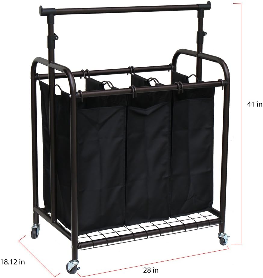 Oceanstar TLS1385 3-Bag Rolling Adjustable Hanging Bar Laundry Sorter, Bronze