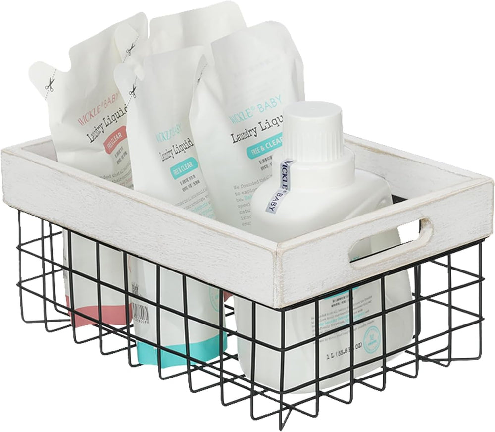 Set of 3 Metal Wire Baskets for Organizing Wood Top with Handles Storage Orga...