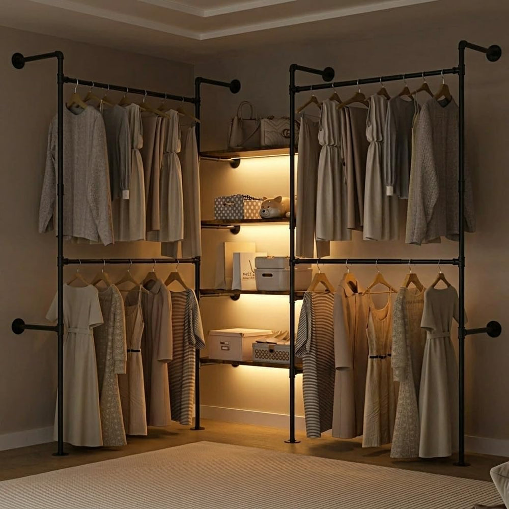 Expandable Industrial Pipe Clothing Rack with LED & Shelves