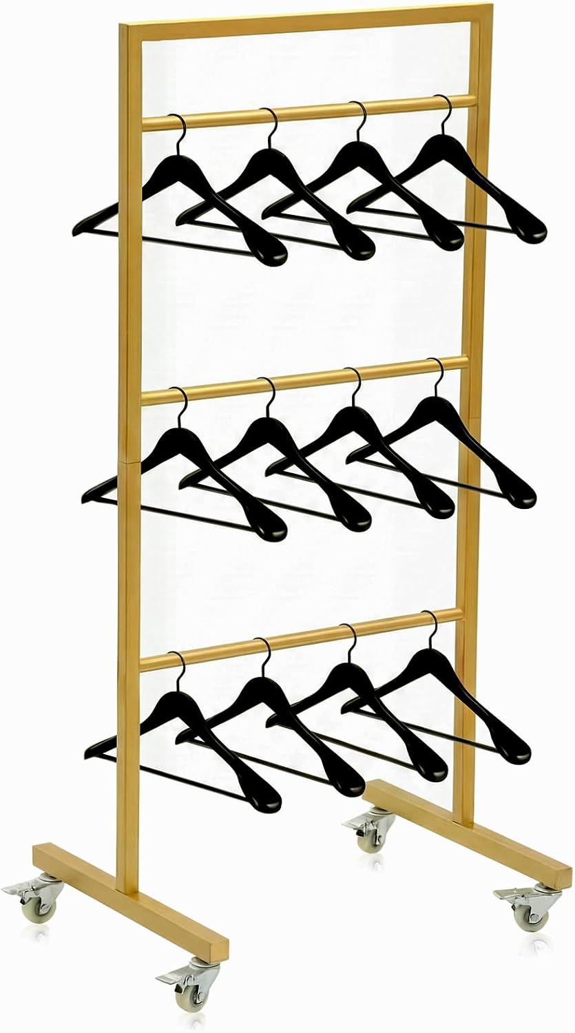 3-Tier Clothing Hanger Rack, 20x16x43 Gold Metal with Casters