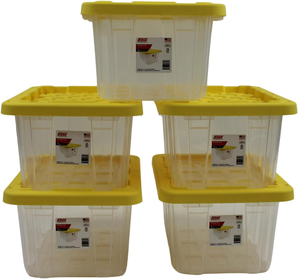 Edge Plastics 5 Gallon Tough Tote, Clear Base with Yellow Lid, 5-Pack