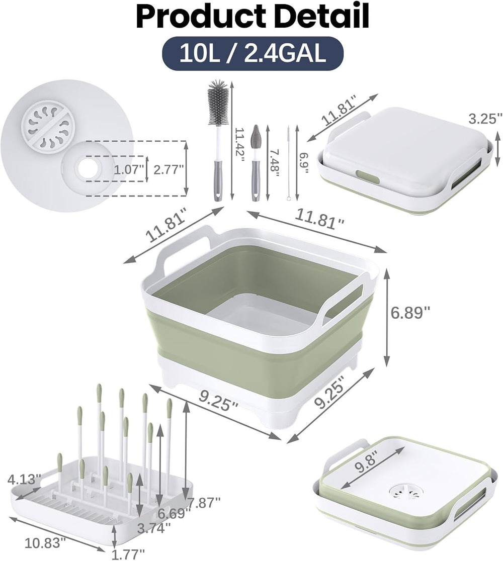 Collapsible Wash Basin with Drain Plug & Lid, Foldable Sink, Green
