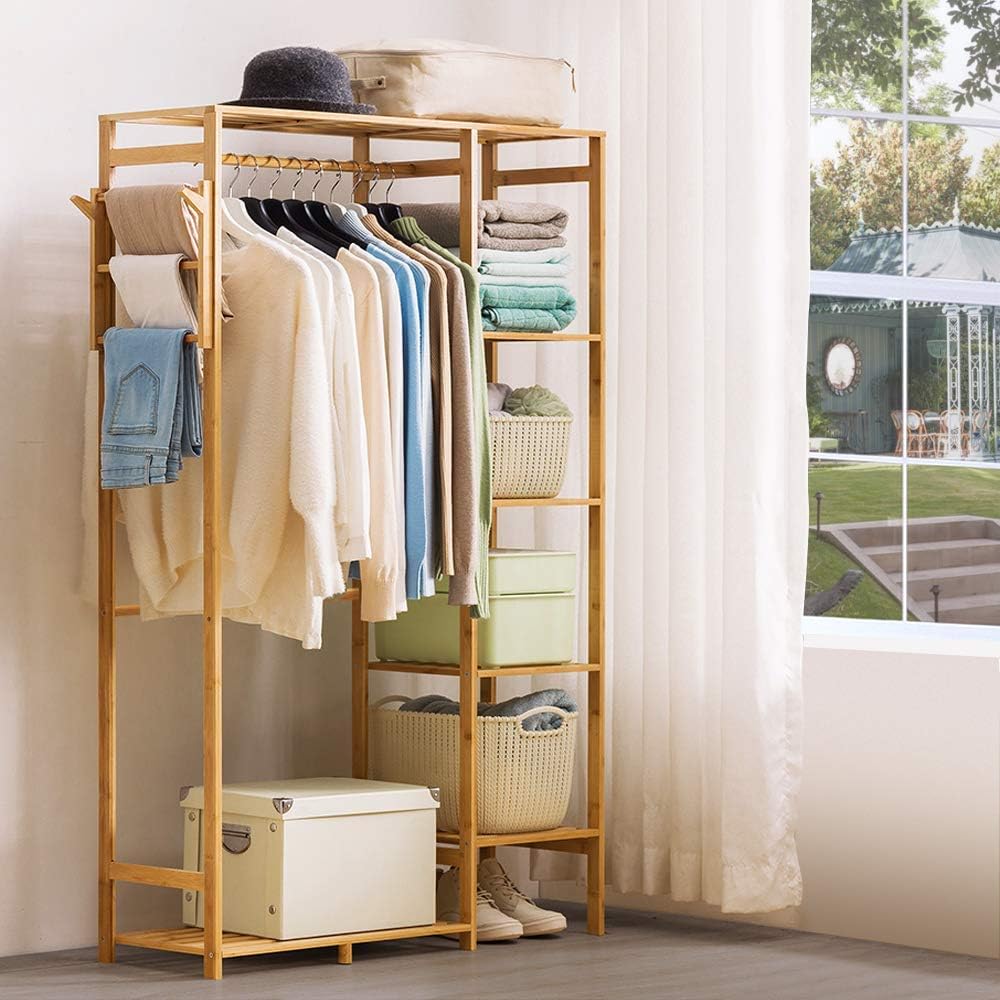 Ufine Bamboo Garment Rack with 6 Tier Storage Shelves & Hanging Rod