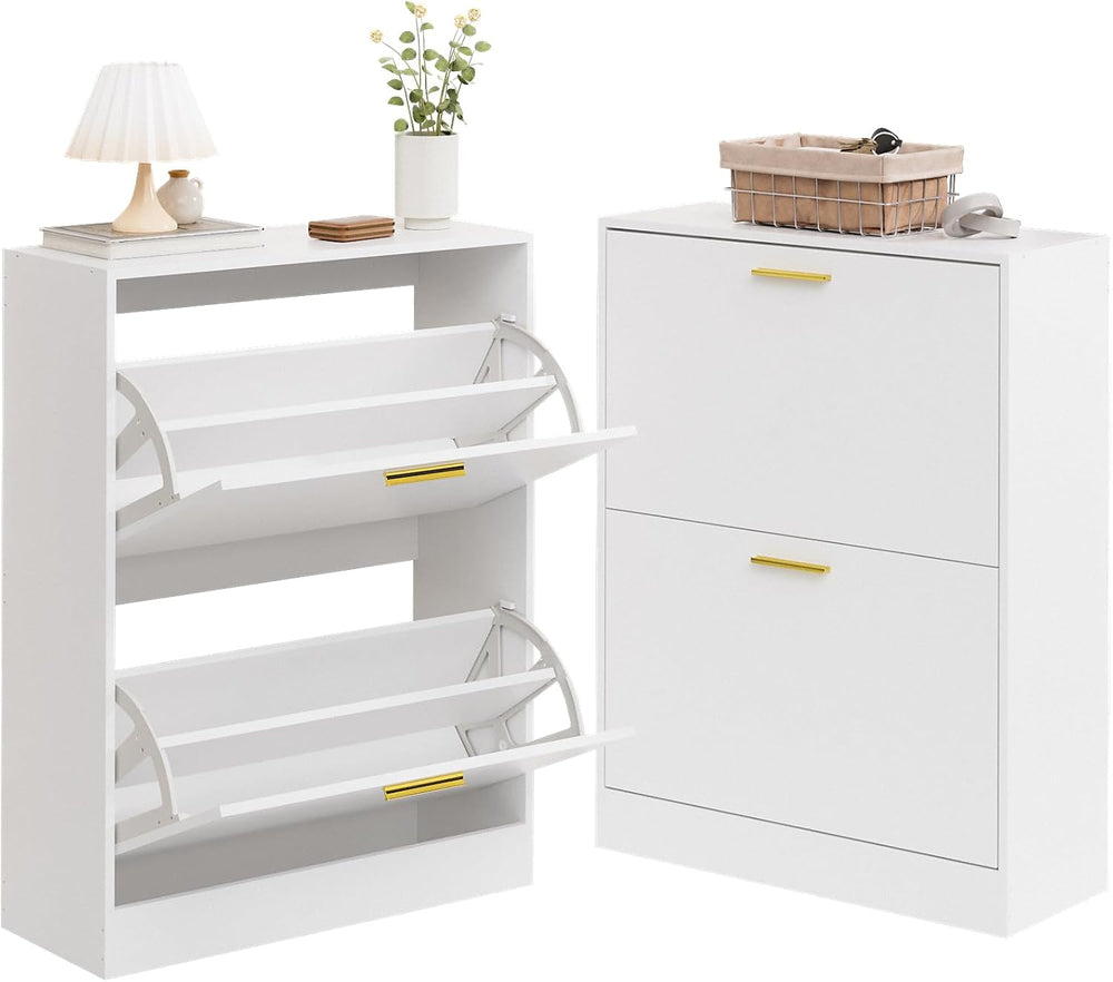 LYNSOM Entryway Shoe Cabinet Set of 2 with 2 Flip Drawers and Top Display, Wh...