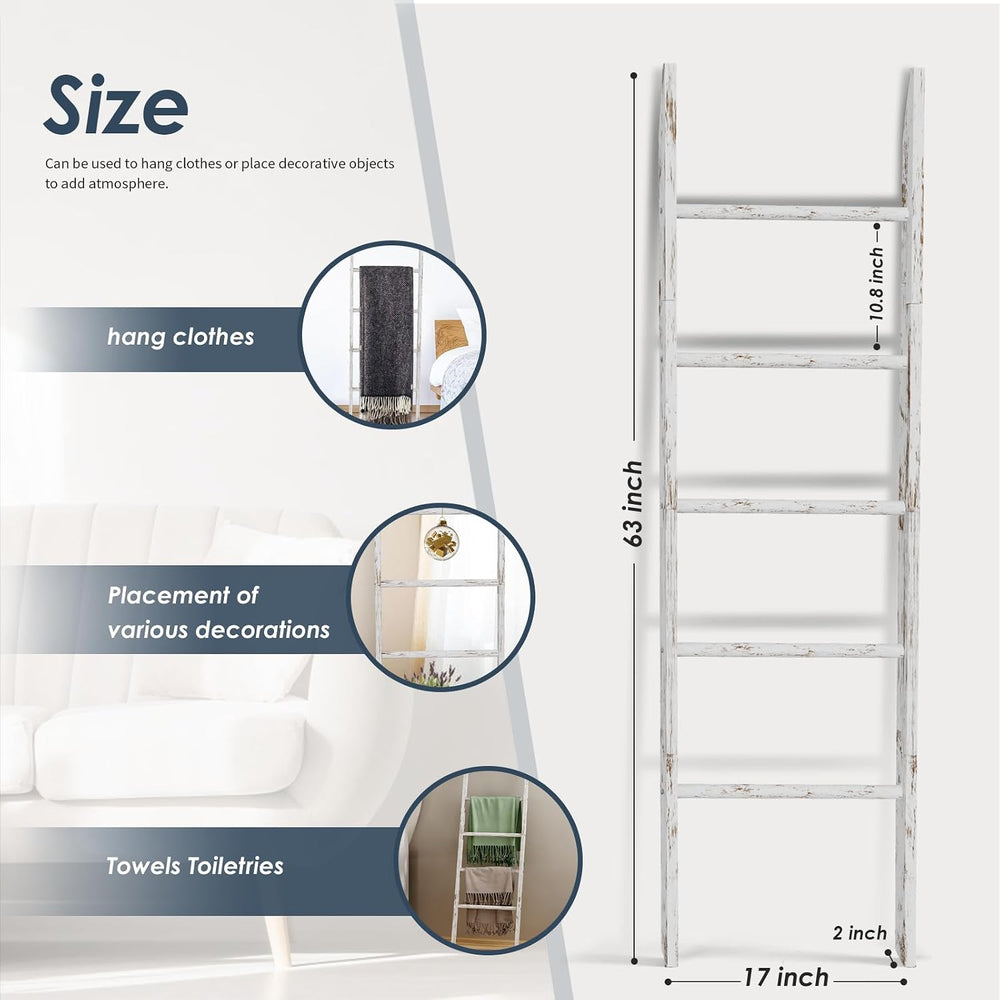 5-Tier Blanket Ladder Wooden, 5.3FT(63'') Blanket Quilt Holder Rack D...
