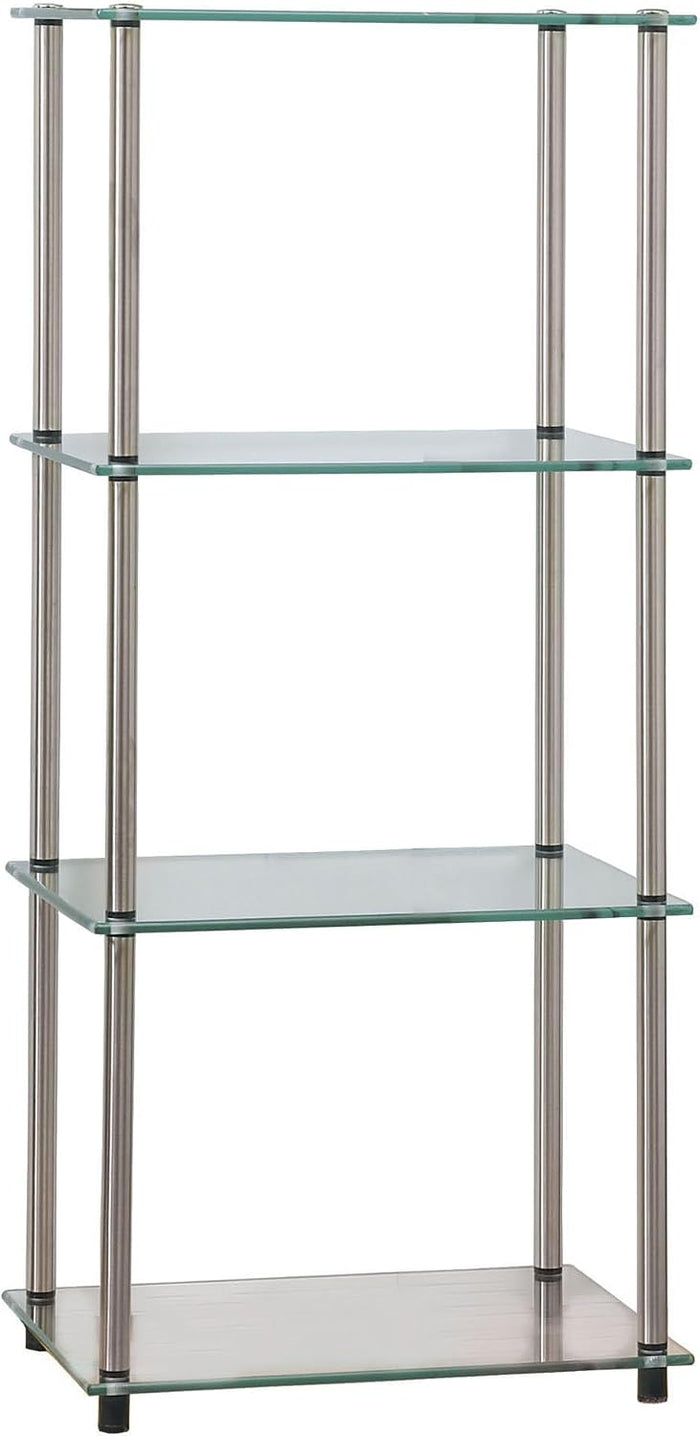 Convenience Concepts Designs2Go Classic Glass 4-Tier Tower 17.75" - Modern Media Stainless Steel Bookshelf for Living Room, Display Storage Shelves for Family Room, Bathroom, Office, Black/Black