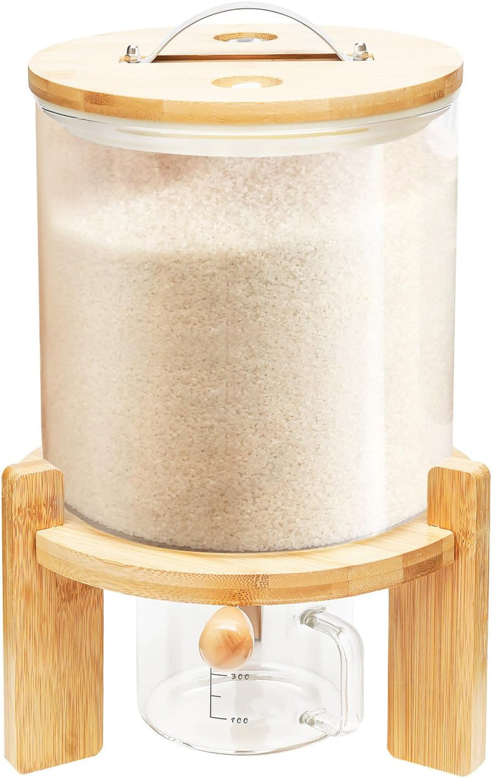 Rice Dispenser, 5L/7.5L Cereal Containers Storage with Valve+Lid+Thermometer+Measuring Cup+Wooden Stand, Flour Cereal Dry Dispenser Grain Glass Bucket for Kitchen Organization, Pantry Store (1.32gal)