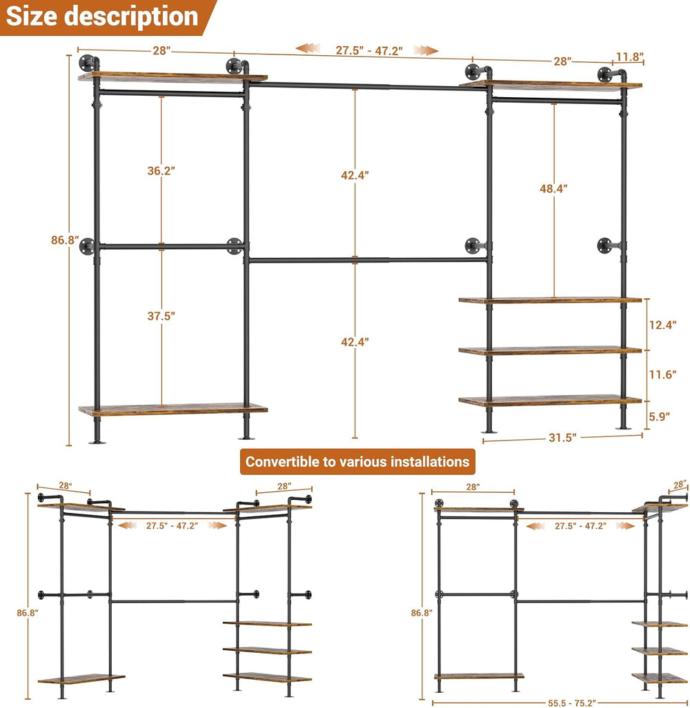 Aheaplus Industrial Pipe Clothing Rack, Expandable Garment Rack, Closet Syste...