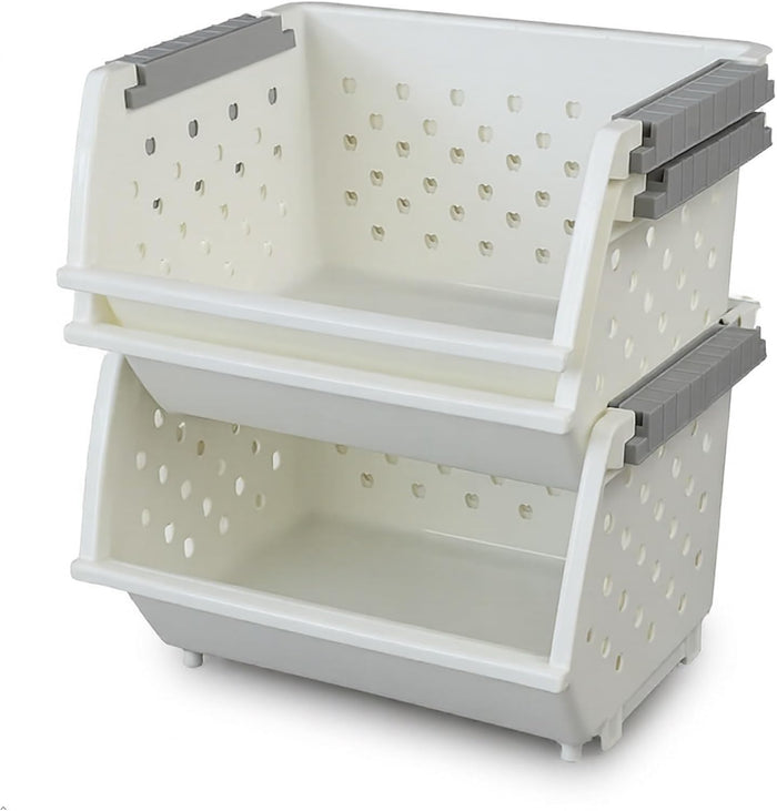 3-Pack White Plastic Kitchen Stackable Storage Baskets