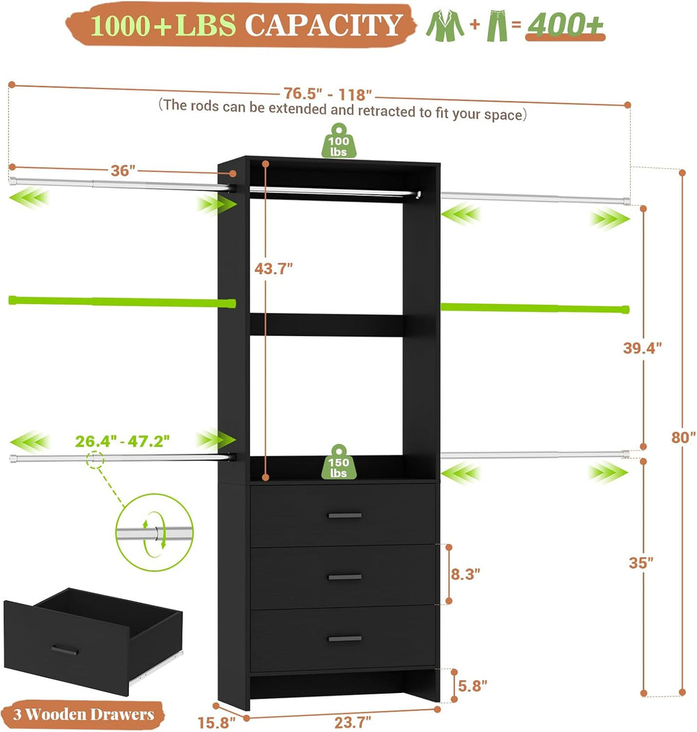 Aheaplus Closet System, 4.2-9Ft Closet Organizer with Wooden Drawers, Black