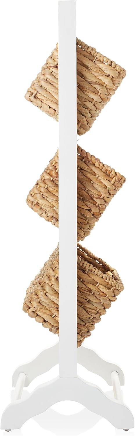 Casafield 3-Tier Floor Stand with Water Hyacinth Storage Baskets, White/Natur...