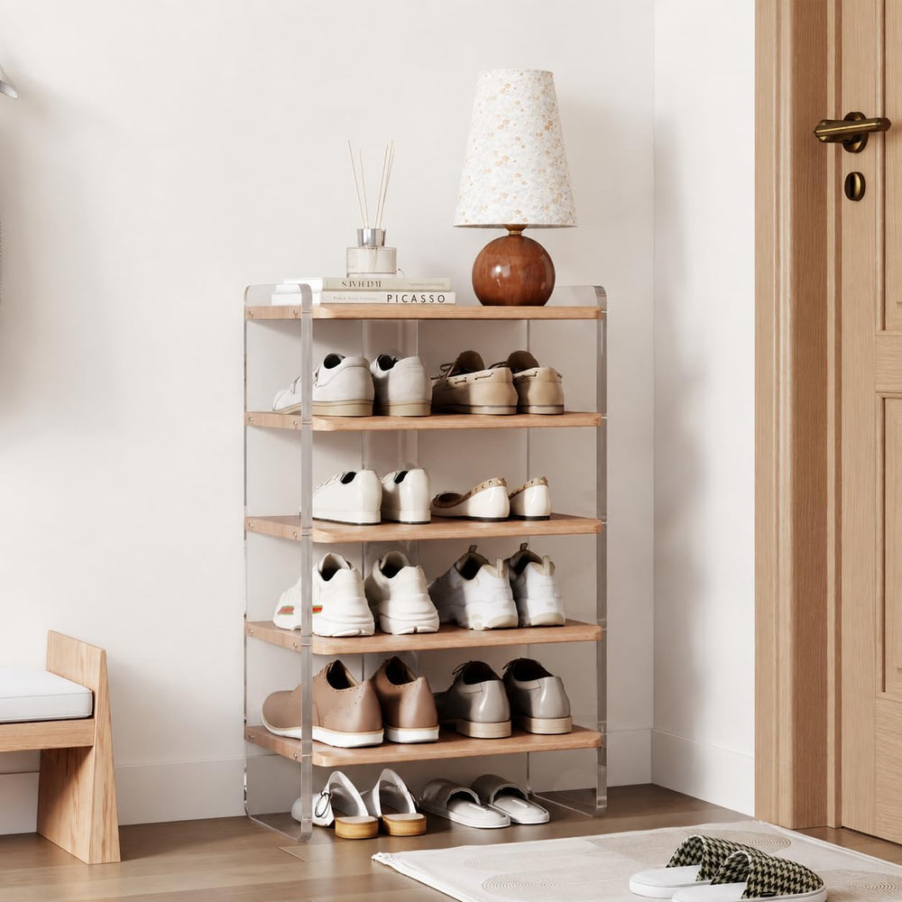 5-Tier Shoe Rack, Wood Acrylic Shoe Shelf, Natural, 18.9" W